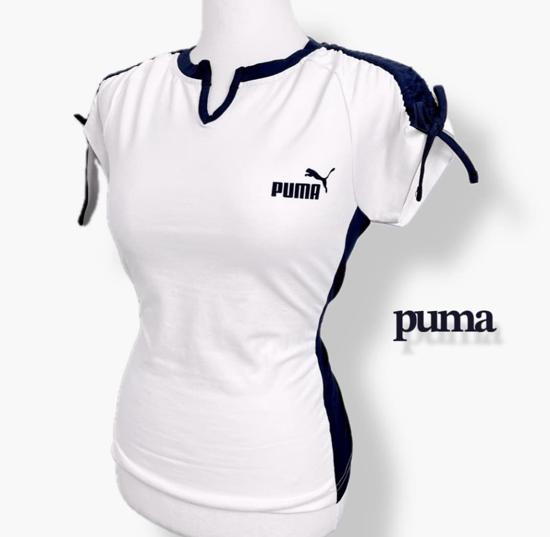빈티지 퓨마 푸마 puma 흰검네이비 발레코어 리본 셔링 딱붙 반팔 탑 상품이미지1