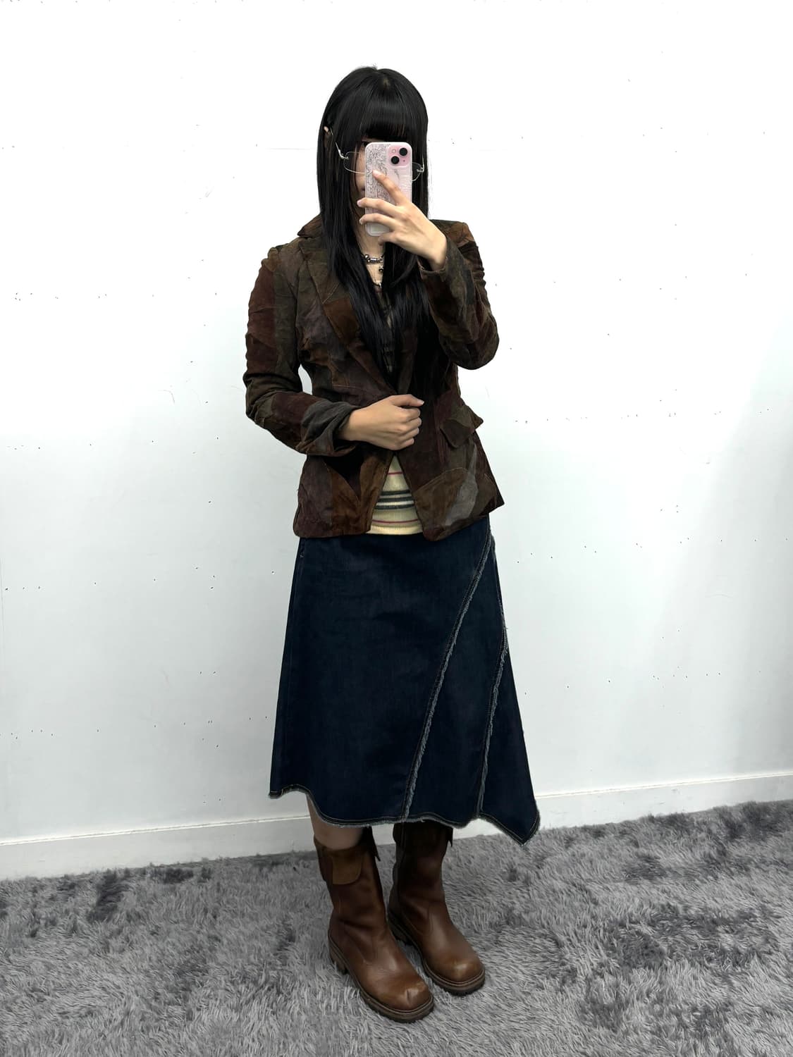 데님 비대칭 디테일 미디 스커트 상품이미지3