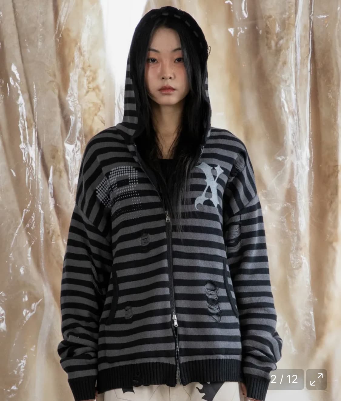 엑스톤즈 XTK131 데미지 스트라이프 니트 후드 집업 (BLACK) 상품이미지2