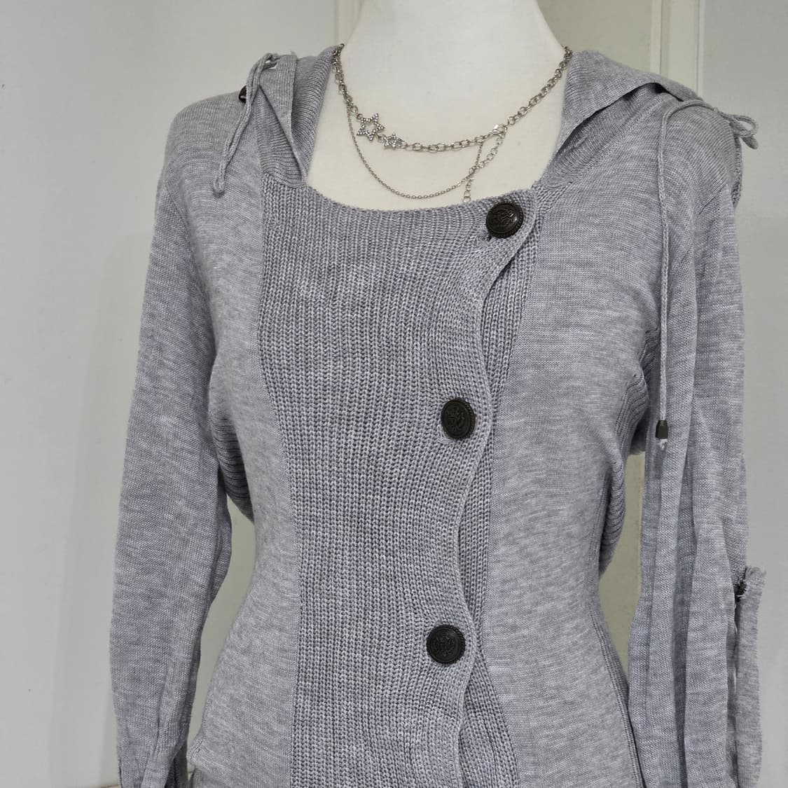 빈티지)y2k 오네갸루st 로맨틱 그레이 걸리쉬 리본 니트 롱 가디건 상품이미지2