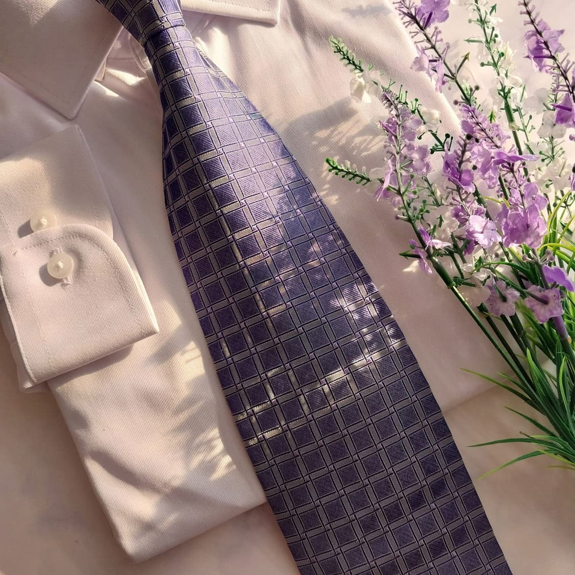 샤를 주르당 실크 퍼플 체크 자카드 넥타이 9.7cm A+등급 K1305 상품이미지8