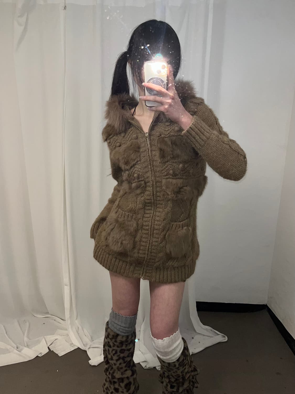 베이지 래빗퍼 트리밍 울프죠 니트 후드집업 상품이미지2