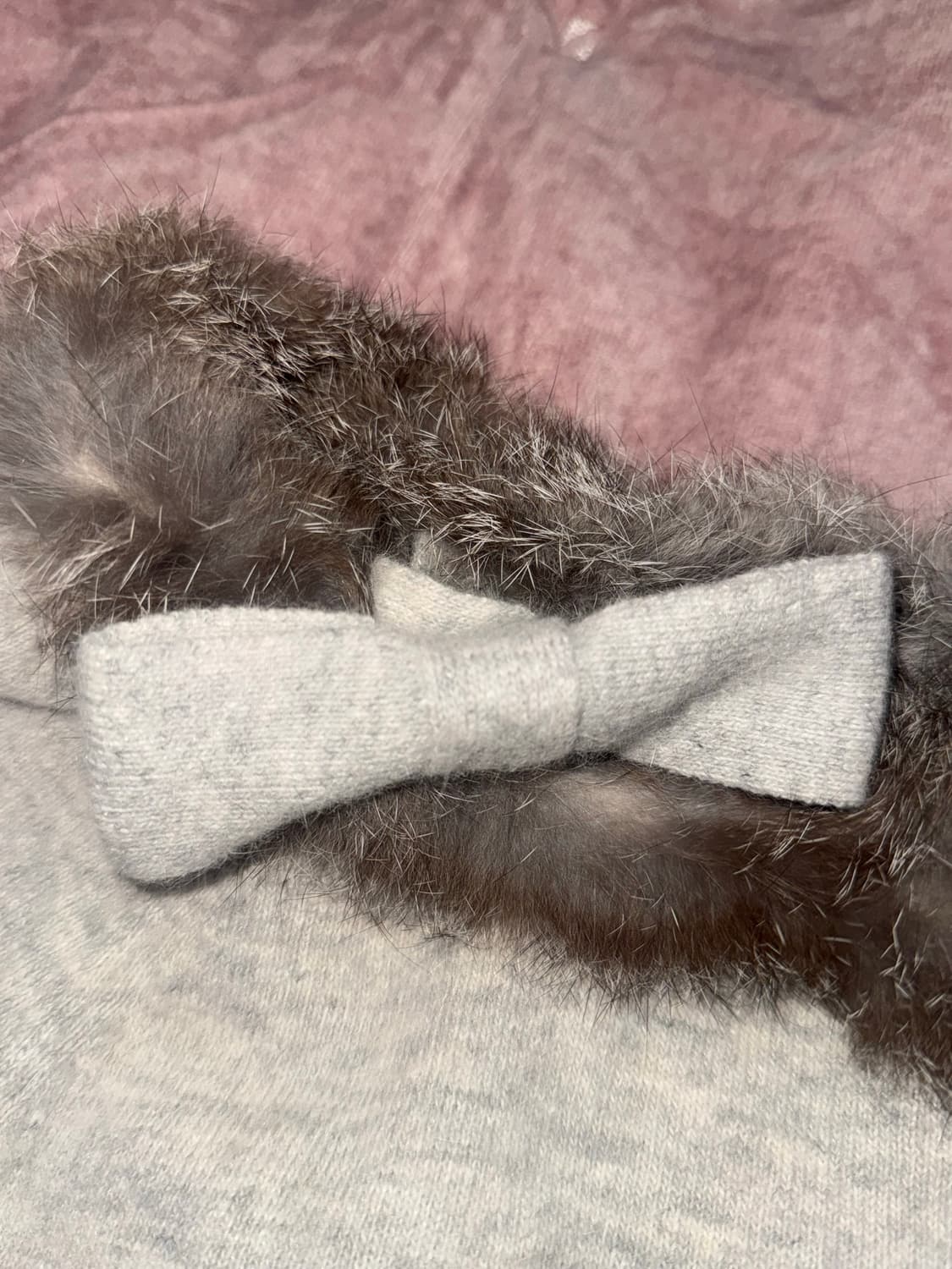 러블리 로걀 리본 퍼 그레이 니트 반팔 탑 빈티지 상품이미지3