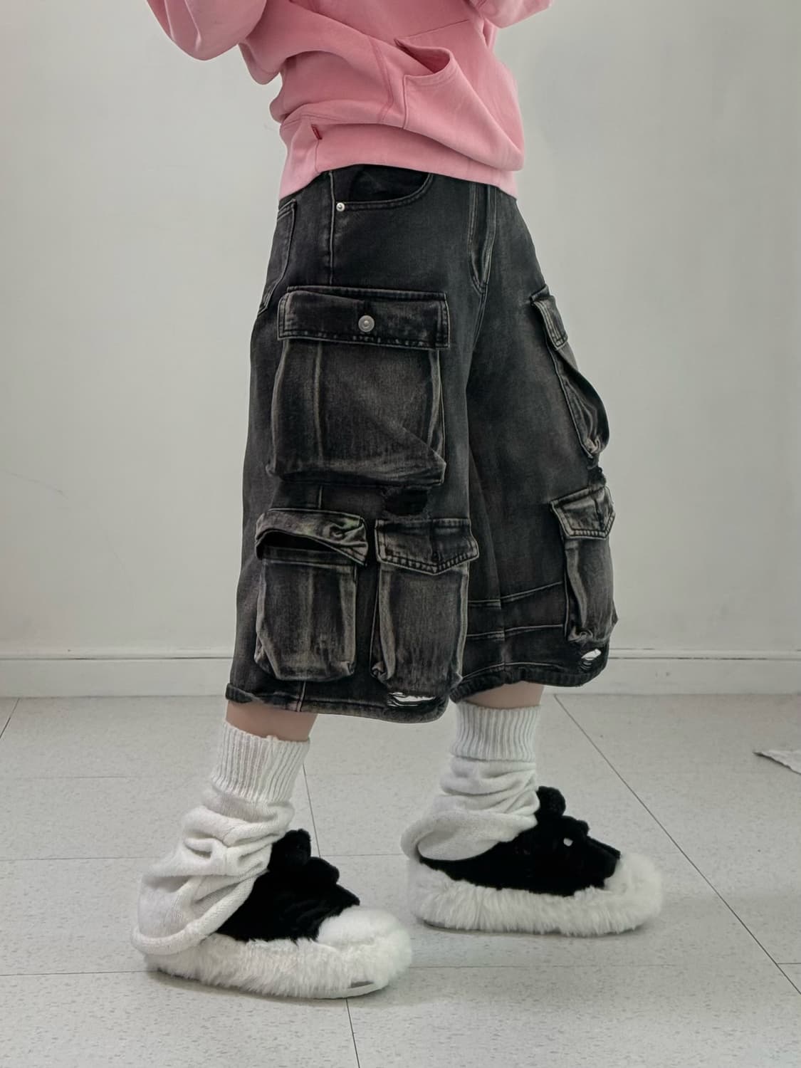 빈티지 흑청 데미지 버뮤다 상품이미지2