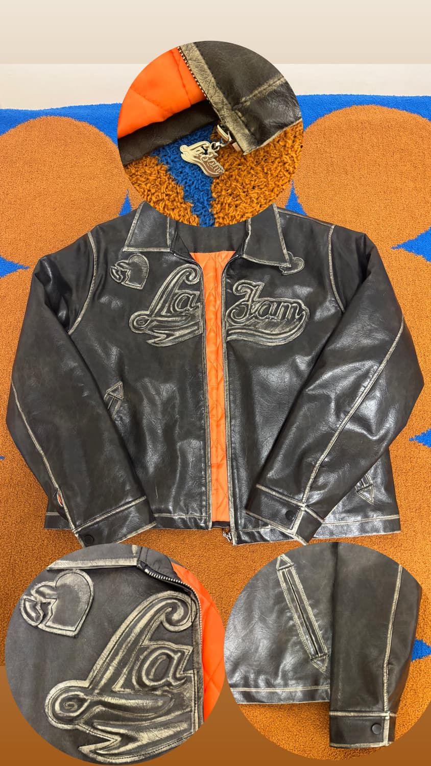 Lafam 빈티지워싱 레터링패치레더자켓 From Amsterdam🇳🇱 상품이미지1