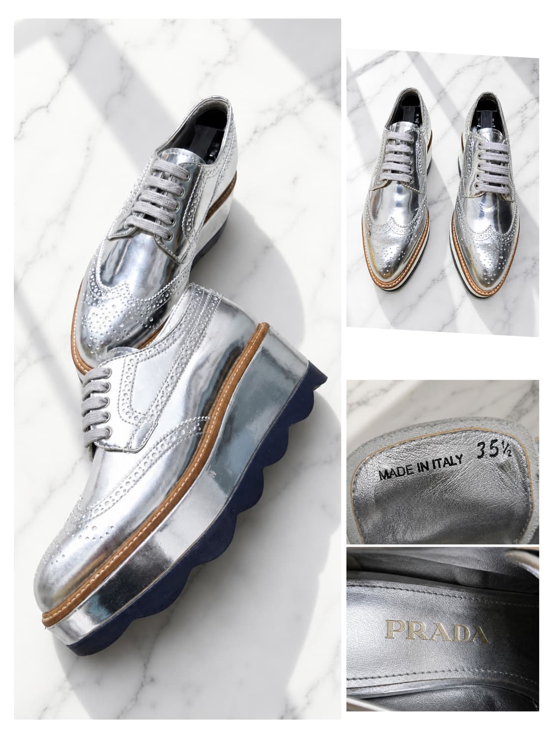 PRADA 메탈릭 실버 플랫폼 옥스포드 35.5 (굽 6cm) 상품이미지1