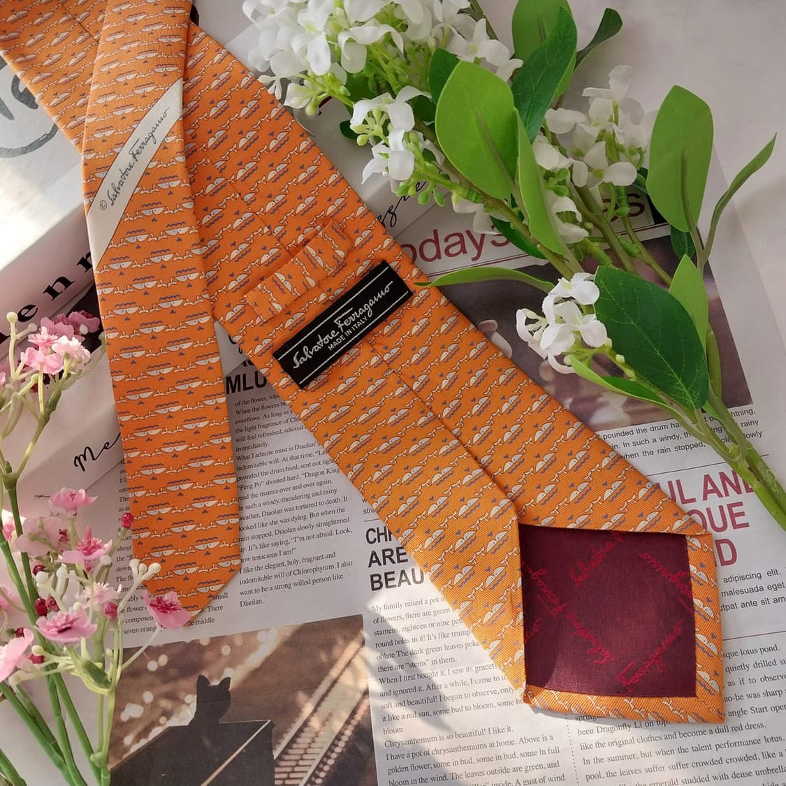 살바토레 페라가모 실크 오렌지 고래 패턴 넥타이 8cm B등급 K1633 상품이미지4