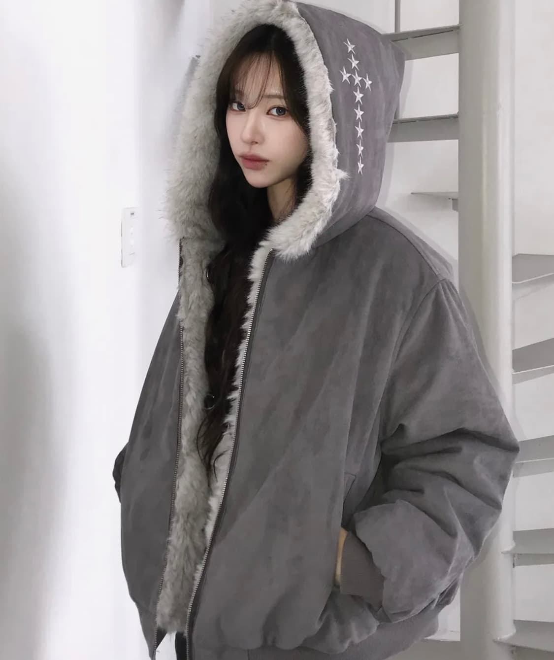 LUVISTRUE 러브이즈트루 EV 리버시블 퍼 후드 그레이 상품이미지1