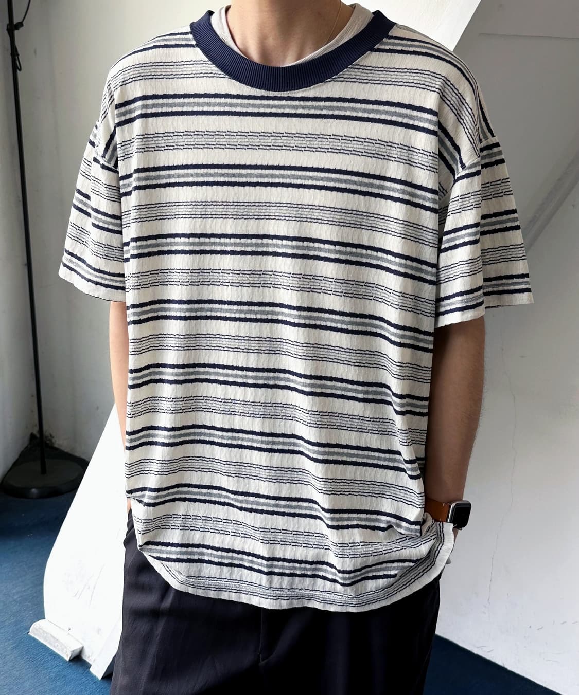 Cotton jacquard design stripe knit tee 상품이미지5