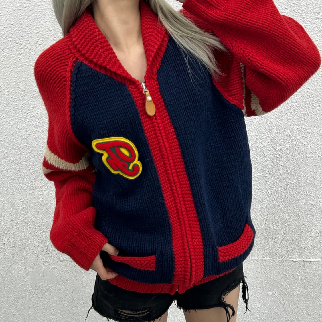 JPN VINTAGE 플레보 레드배색 헤비울 네이비 니트 집업 M 상품이미지1