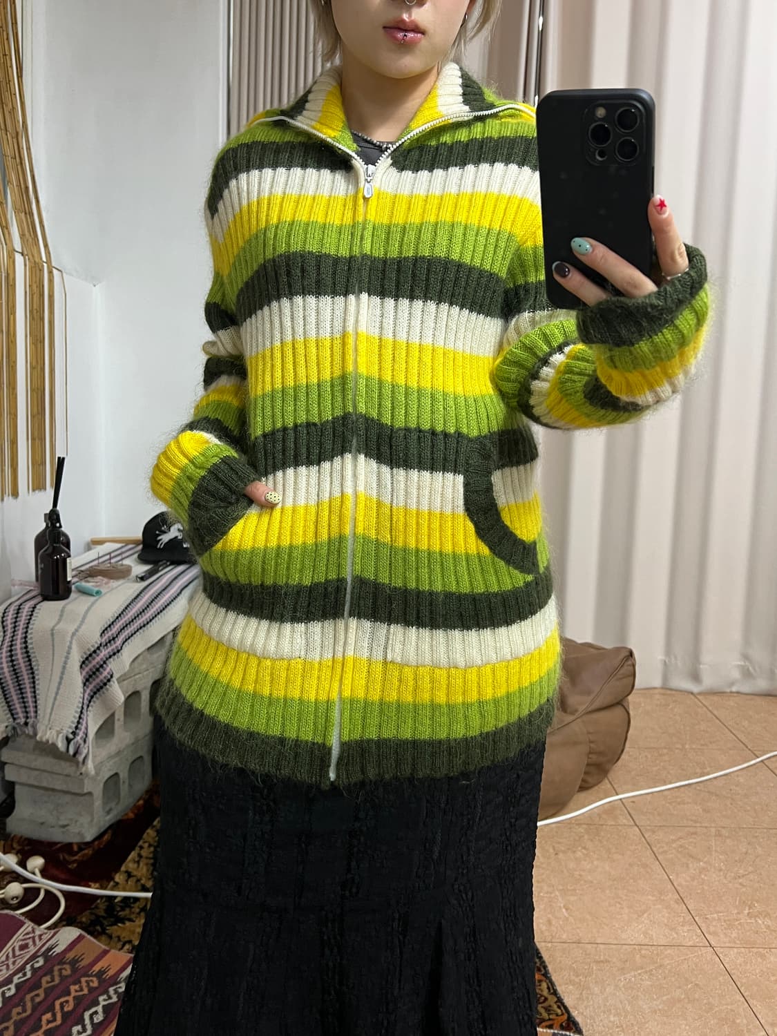 Roem 빈티지 여성 스트라이프 롱 니트집업 자켓  상품이미지1