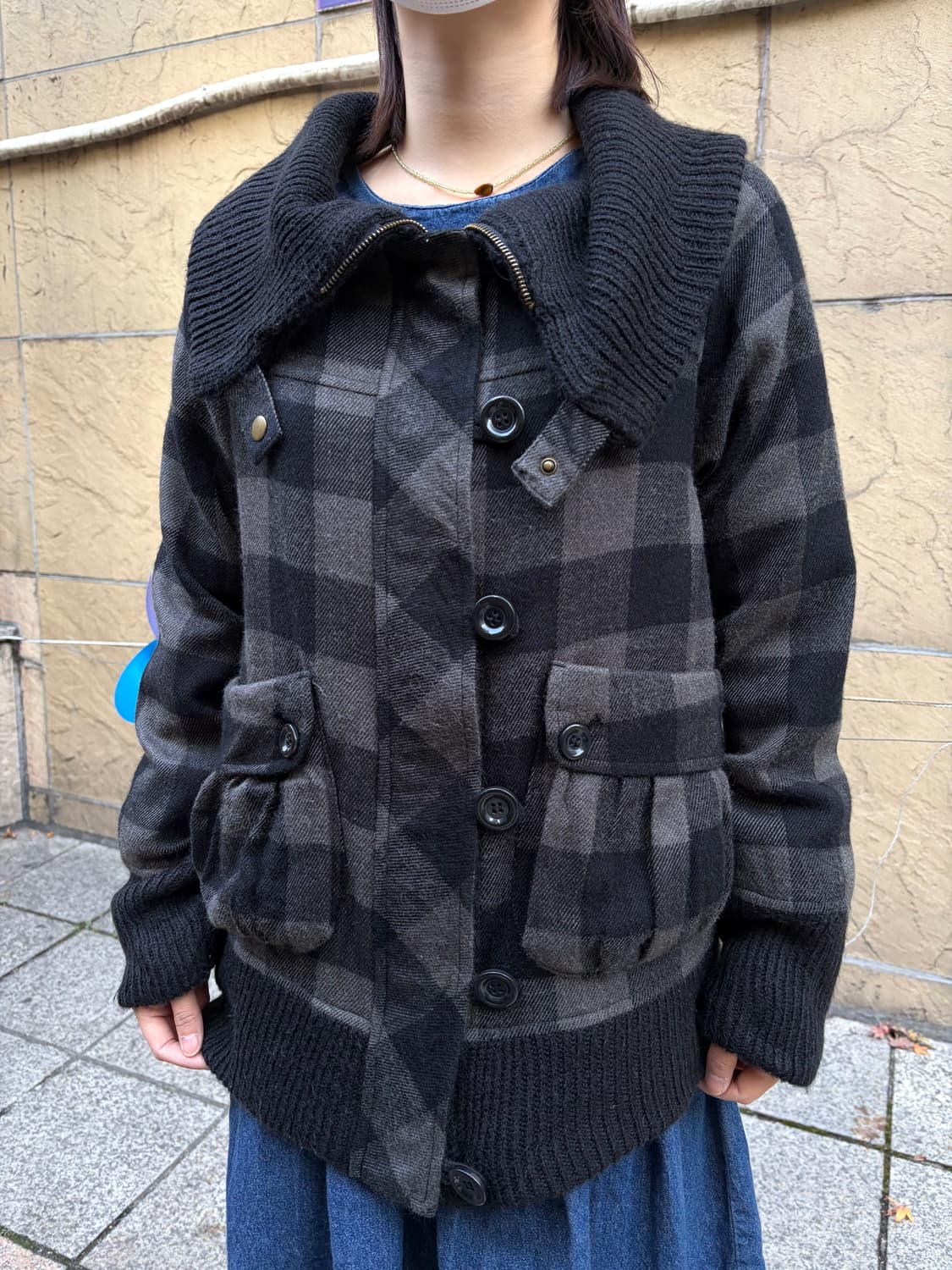 일본 빈티지 락펑크 빅카라 하이넥 체크 자켓 상품이미지2