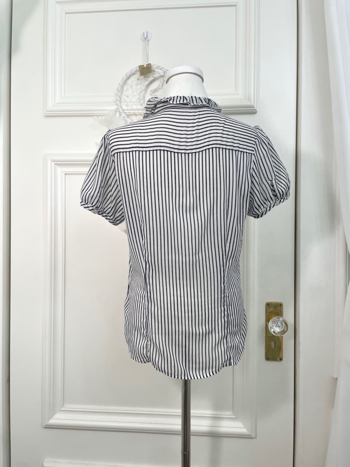 white black stripe shirring cotton blous 상품이미지3
