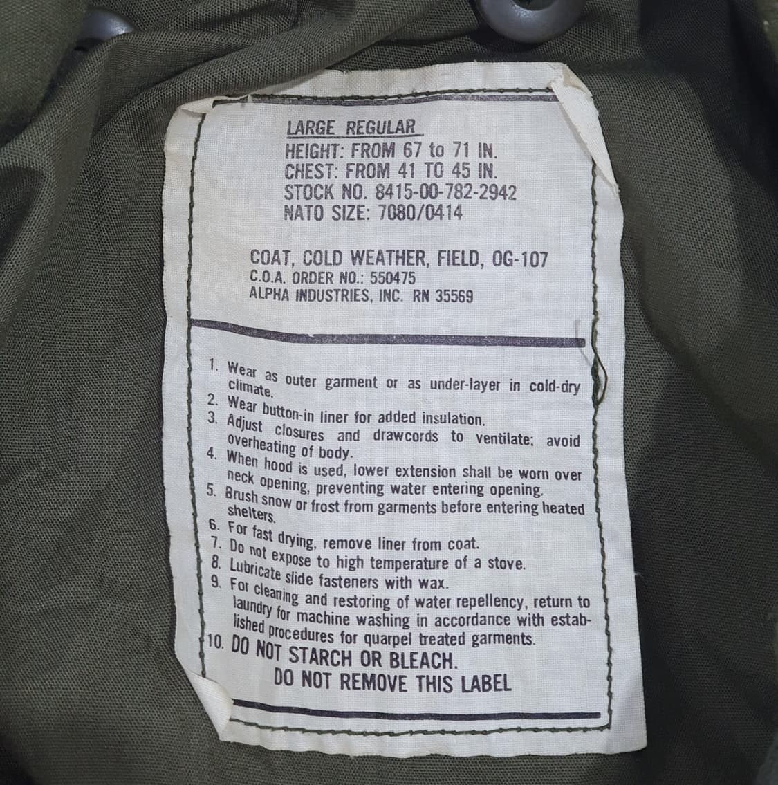 오리지널 미군 m65 필드자켓 야상 라지 레귤러 (105-110) 상품이미지7