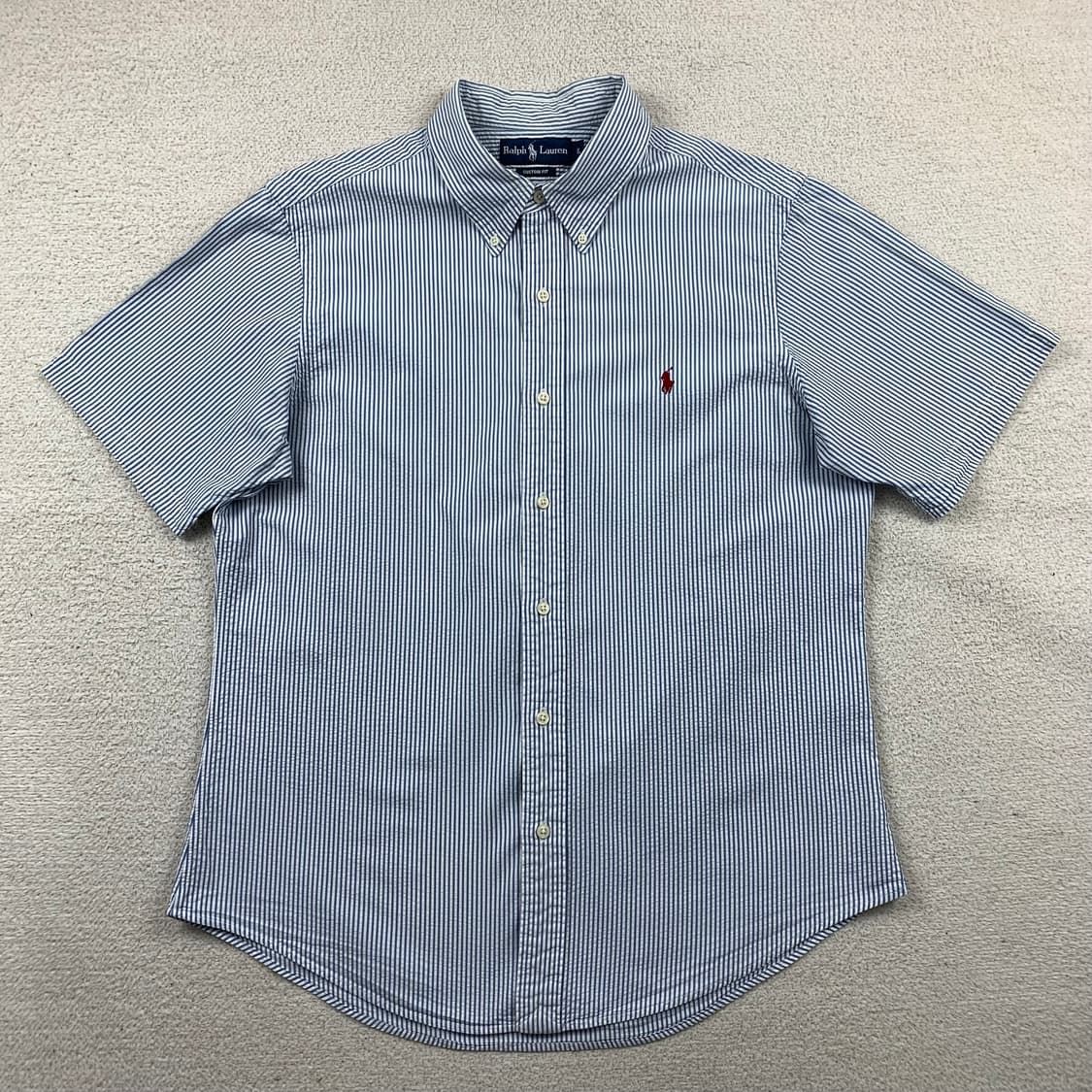 폴로 랄프로렌 포니로고 커스텀핏 시어서커 네이비 스트라이프 하프셔츠 상품이미지1