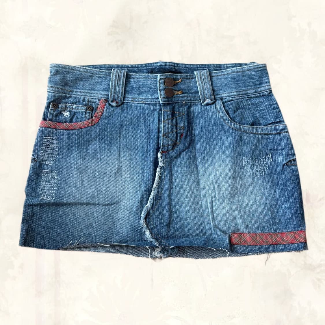 Abercrombie 아베크롬비 체크 패치 워싱 데님 로우라이즈 스커트 상품이미지1