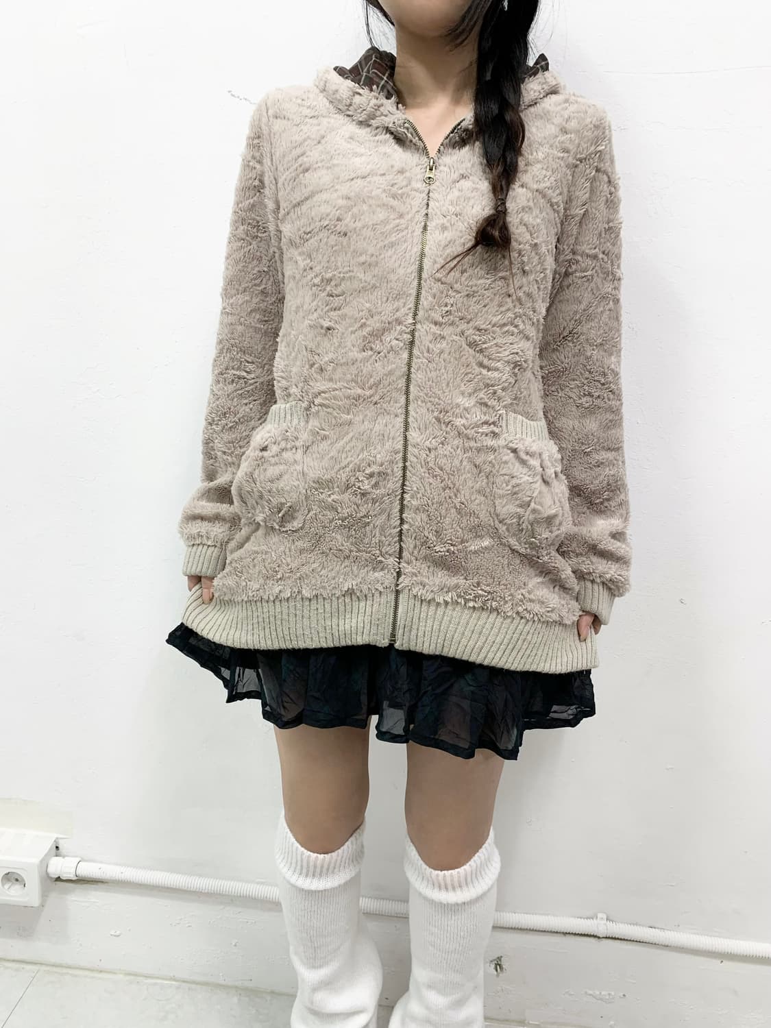 [NATULY] 브라운베이지 폭닥 그린 체크 후드집업 상품이미지2