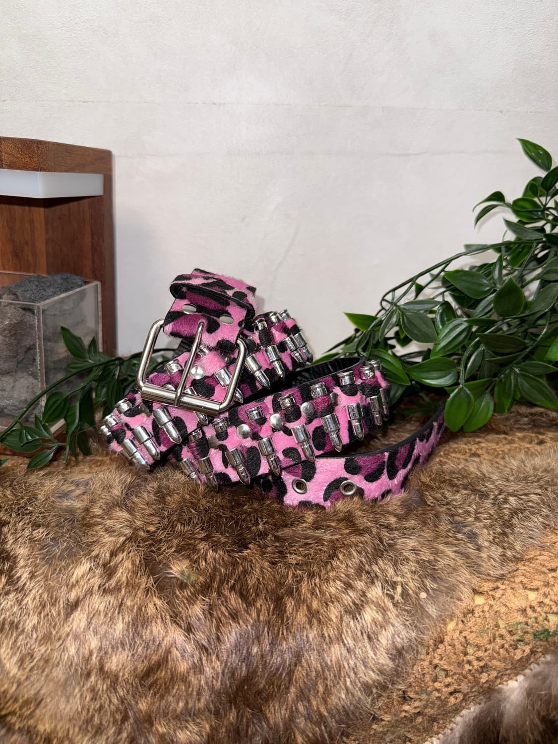 Pink leopard fur bullet punching belt 상품이미지1