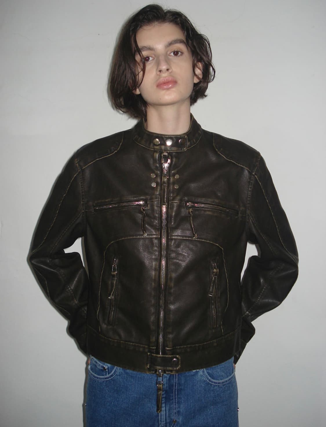 파르티멘토우먼 워시드 레더 바이커자켓 상품이미지1