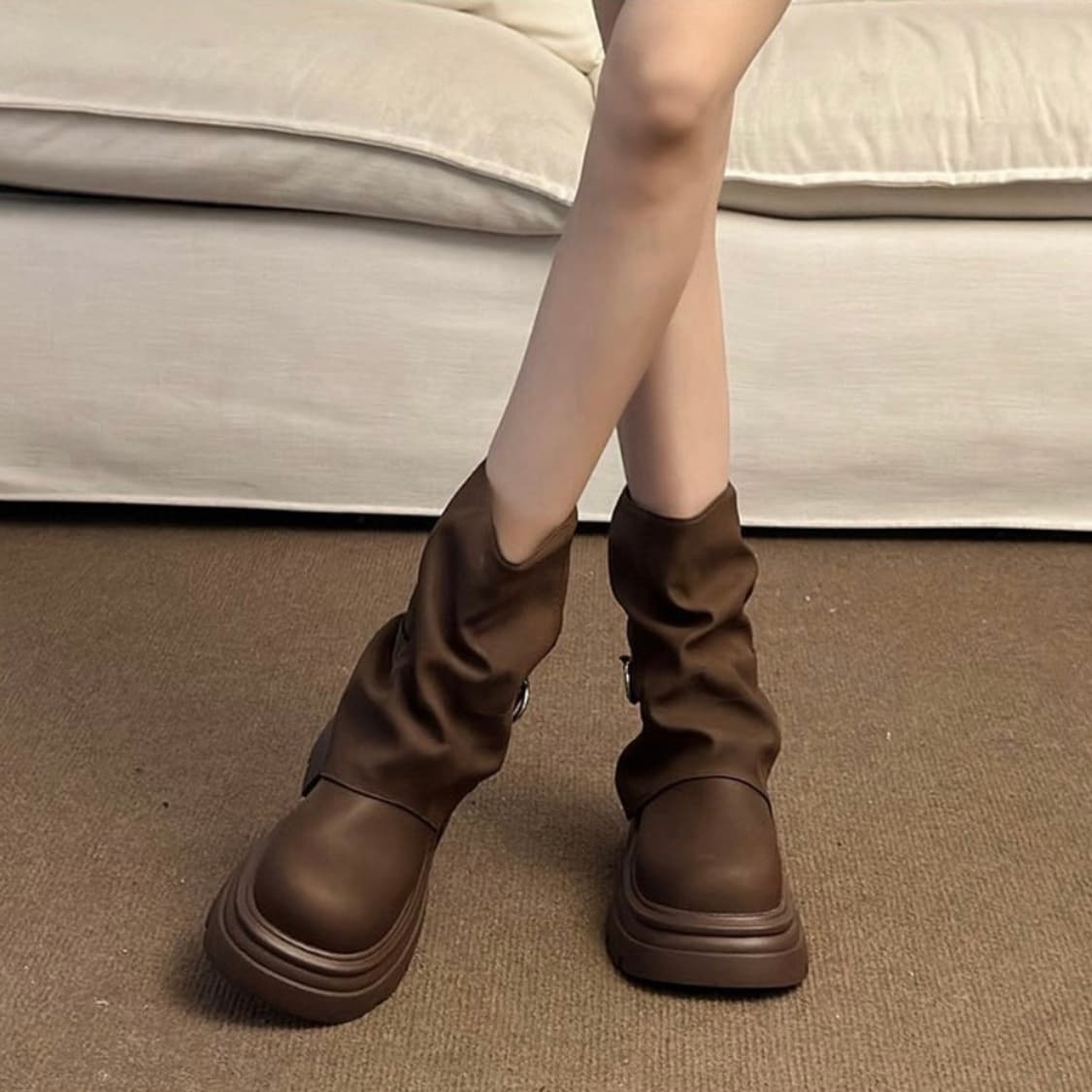 통굽 셔링 미들부츠 상품이미지1