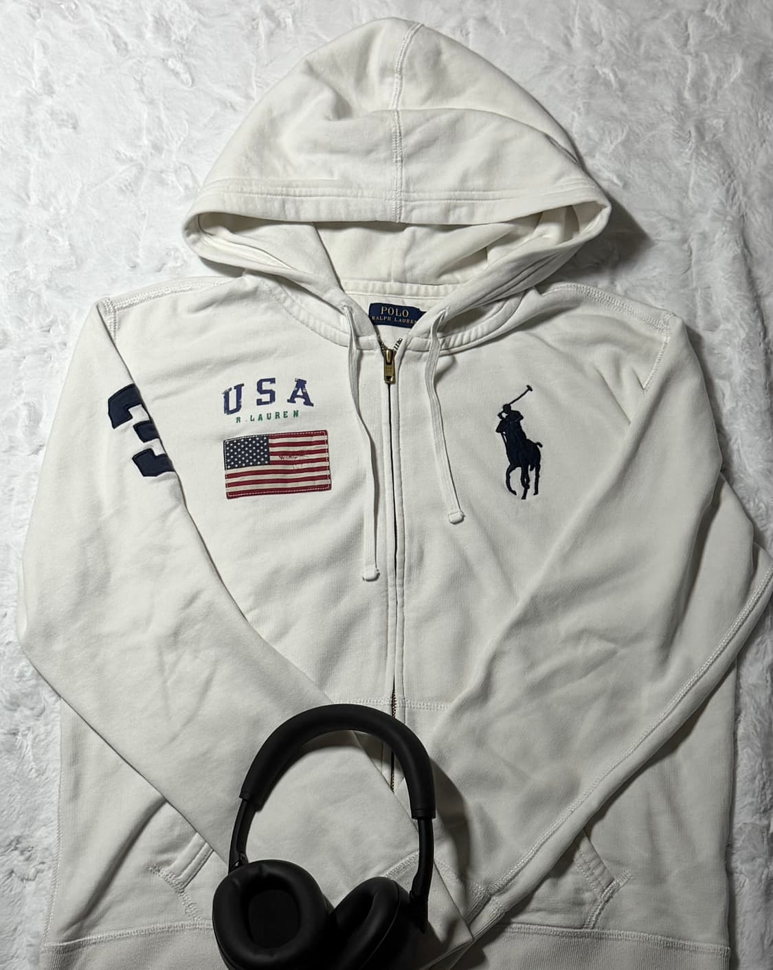 폴로 빅포니 성조기 화이트 후드집업 L 실사M 상품이미지1