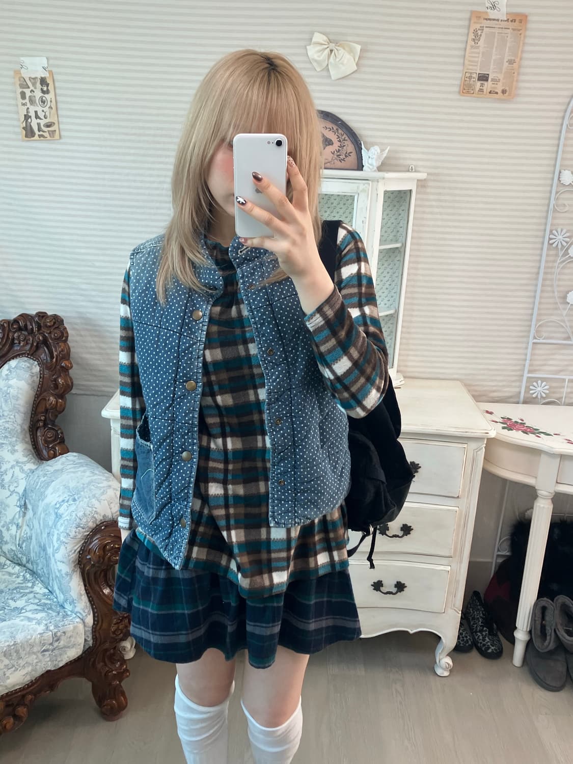 빈티지 블루그린 체크 패턴 폴라 플리스  상품이미지2