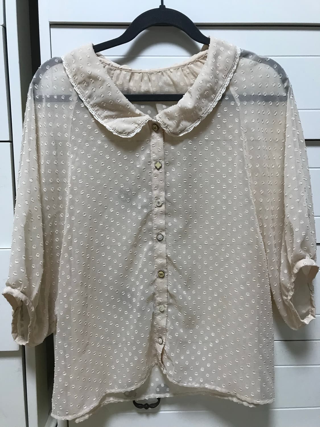 일본 빈티지 피치 핑크 둥근카라 둥카 도트 7부 블라우스 상품이미지1