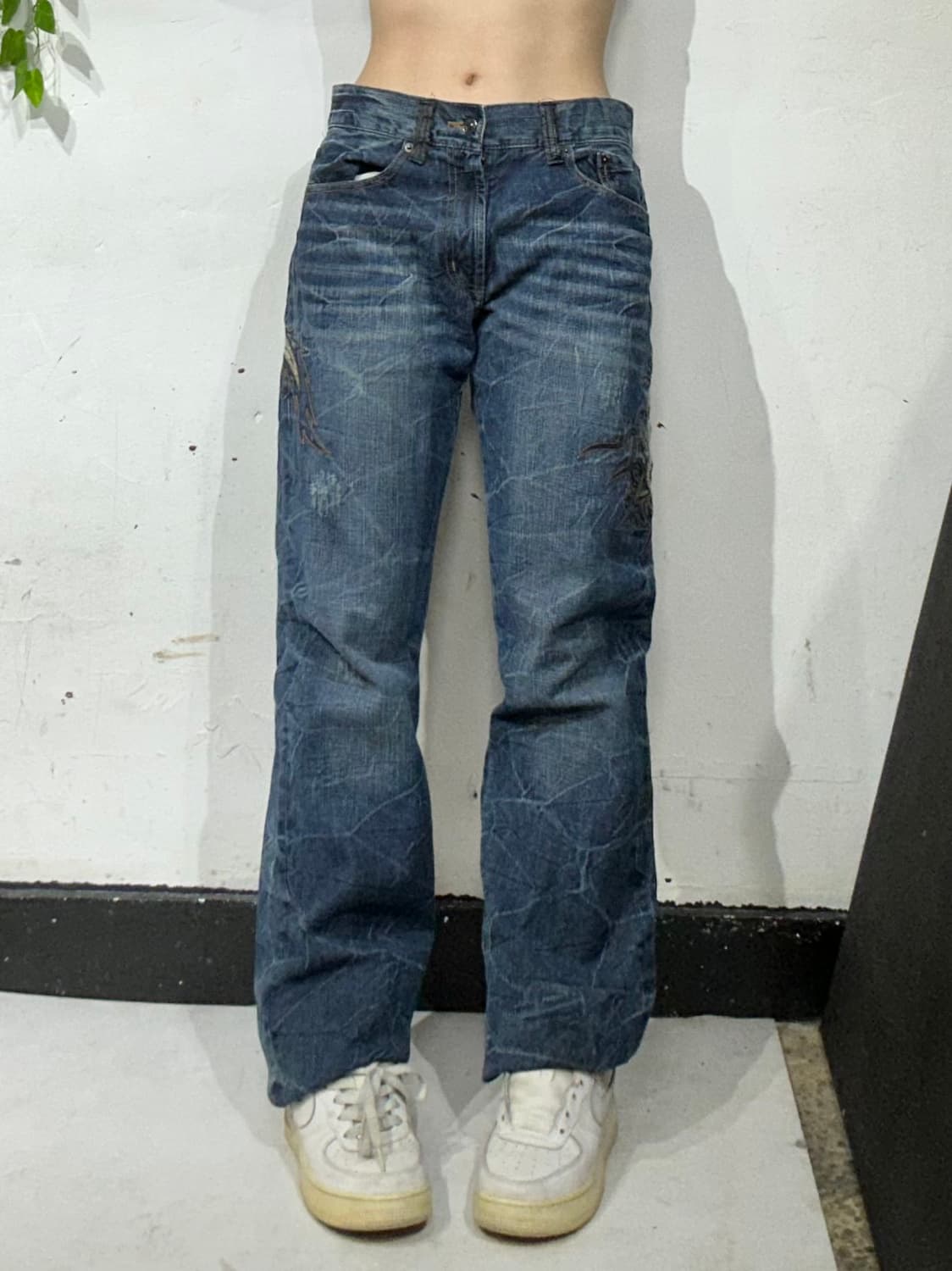 일본 빈티지 중청 자수 디테일 와이드 데님 팬츠 힙합 새깅 청바지  상품이미지3