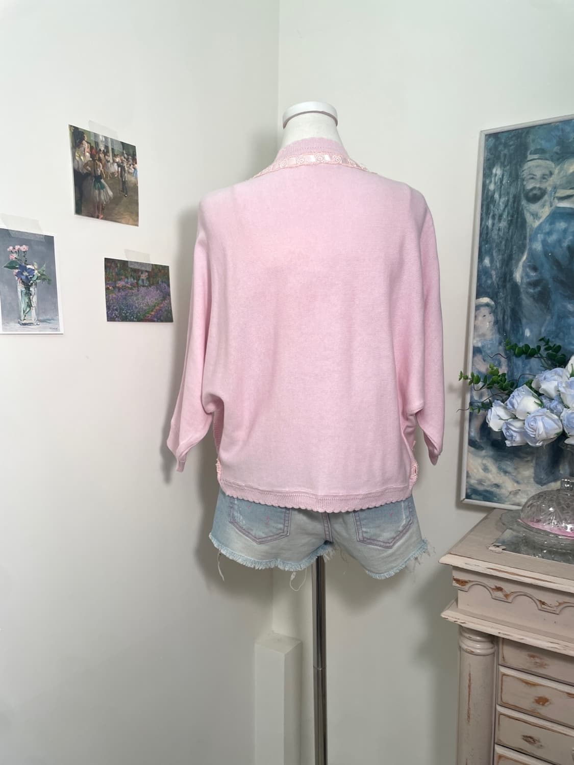 pink lace trim open cardigan&lace sleeve 상품이미지3