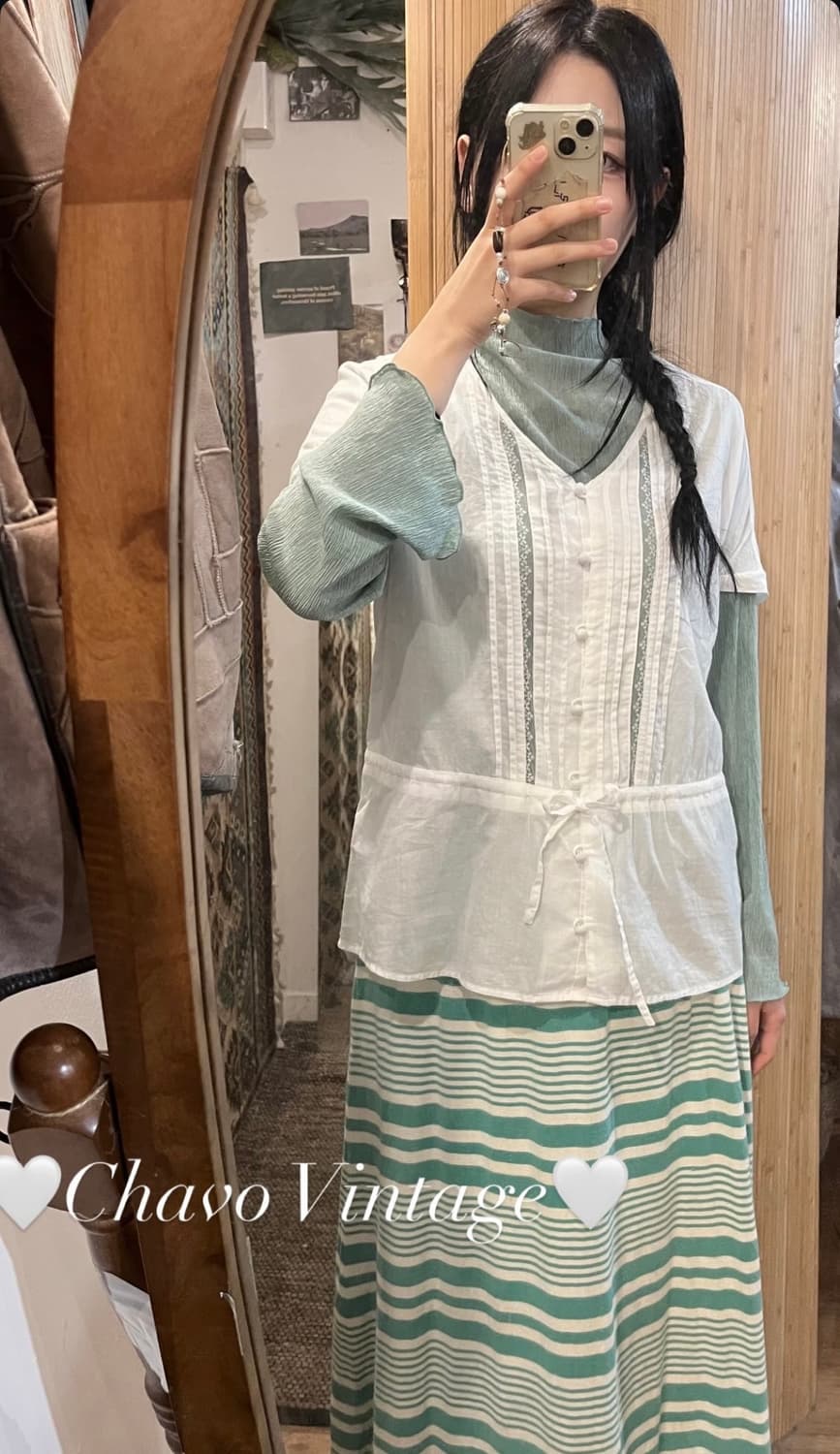 빈티지 그린 모리 코디세트 (스트라이프 스커트, 화이트 레이스 블라우스) 상품이미지3