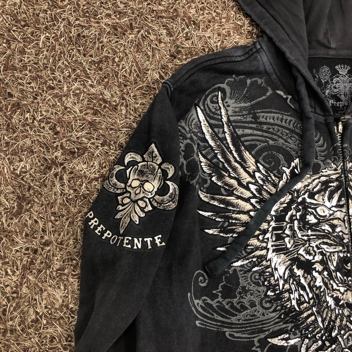 Prepotente 워싱 실버윙 스컬 그래픽 펑크 후드집업 상품이미지5