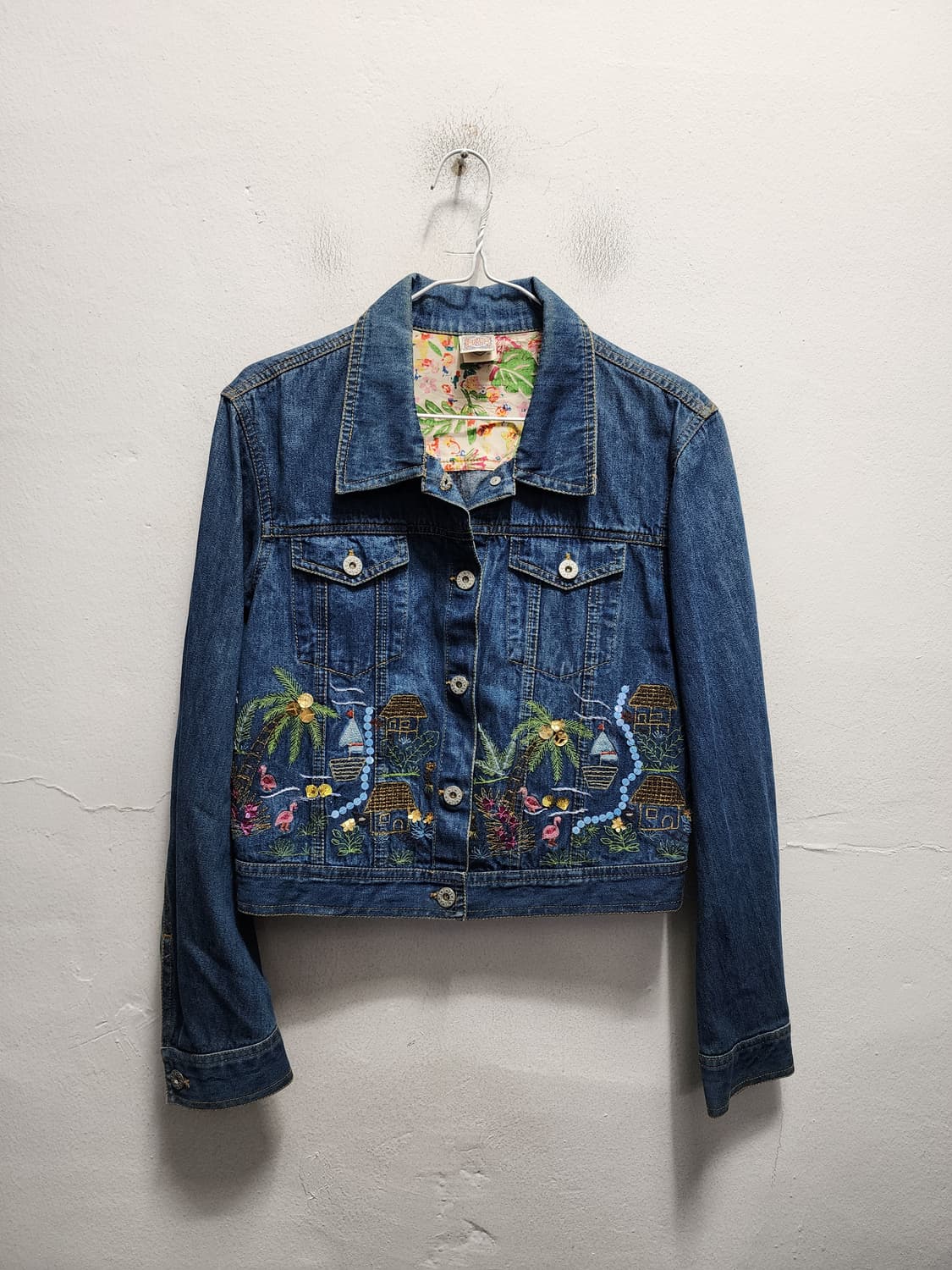 y2k 오일릴리 꽃자수 비즈 디테일 크롭 청자켓 상품이미지1