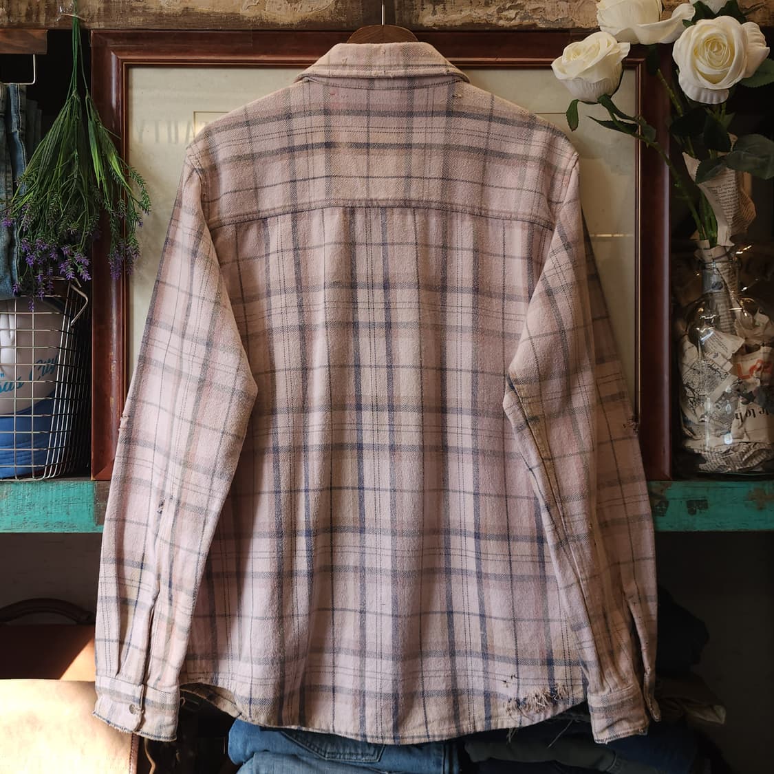 90s 빈티지 체크셔츠 헤비 플란넬 워크셔츠 썬페이딩 핑크 L 상품이미지3