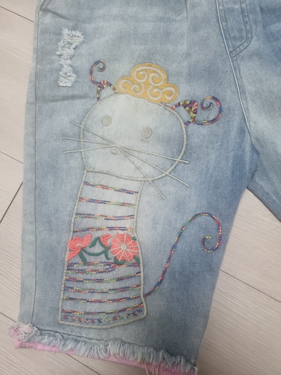 빈티지 자수 데님 연청 반바지 상품이미지4