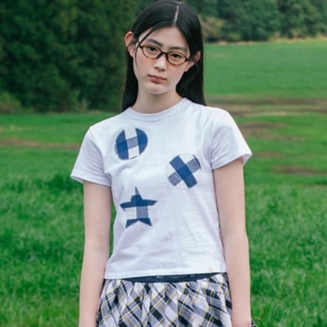 오헤시오 체크 패치 티셔츠 화이트 상품이미지2