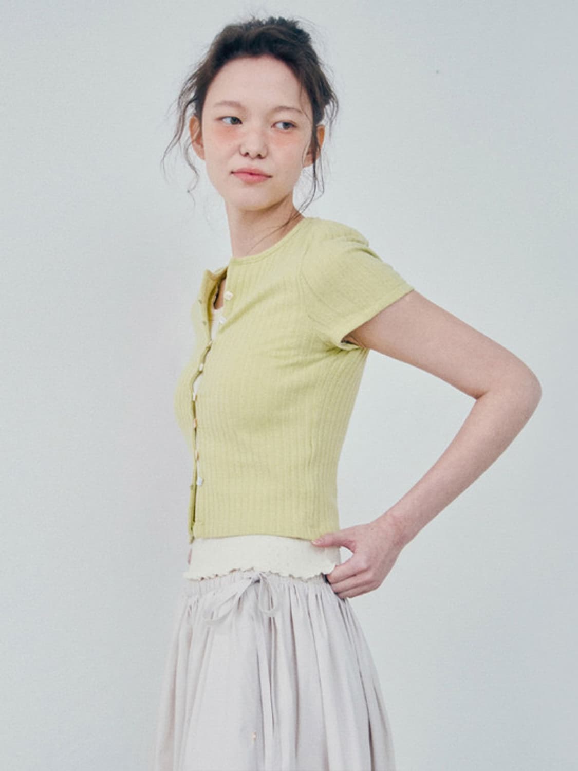 하네 리브드 반팔 가디건 베이비핑크 상품이미지4