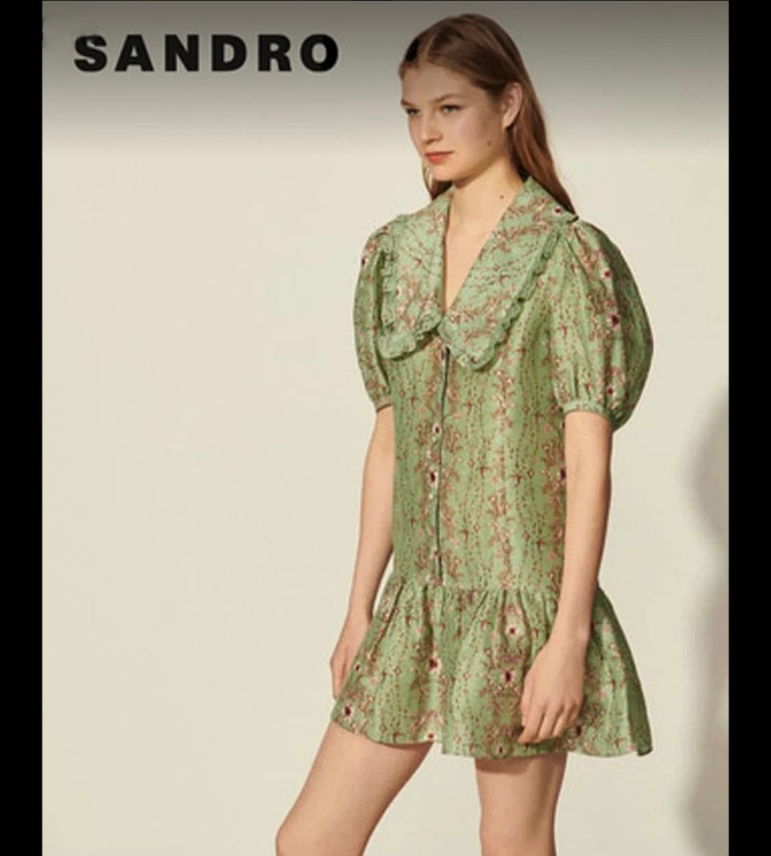 (38사이즈)SANDRO 산드로 민트 플라워 빅카라 원피스 상품이미지1
