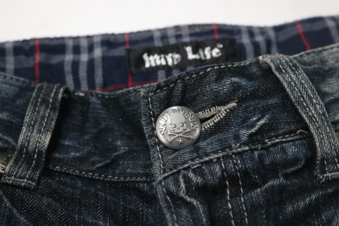 Wild Life 빈티지 스컬 버튼 체크 레이어드 디테일 데님 팬츠 상품이미지4