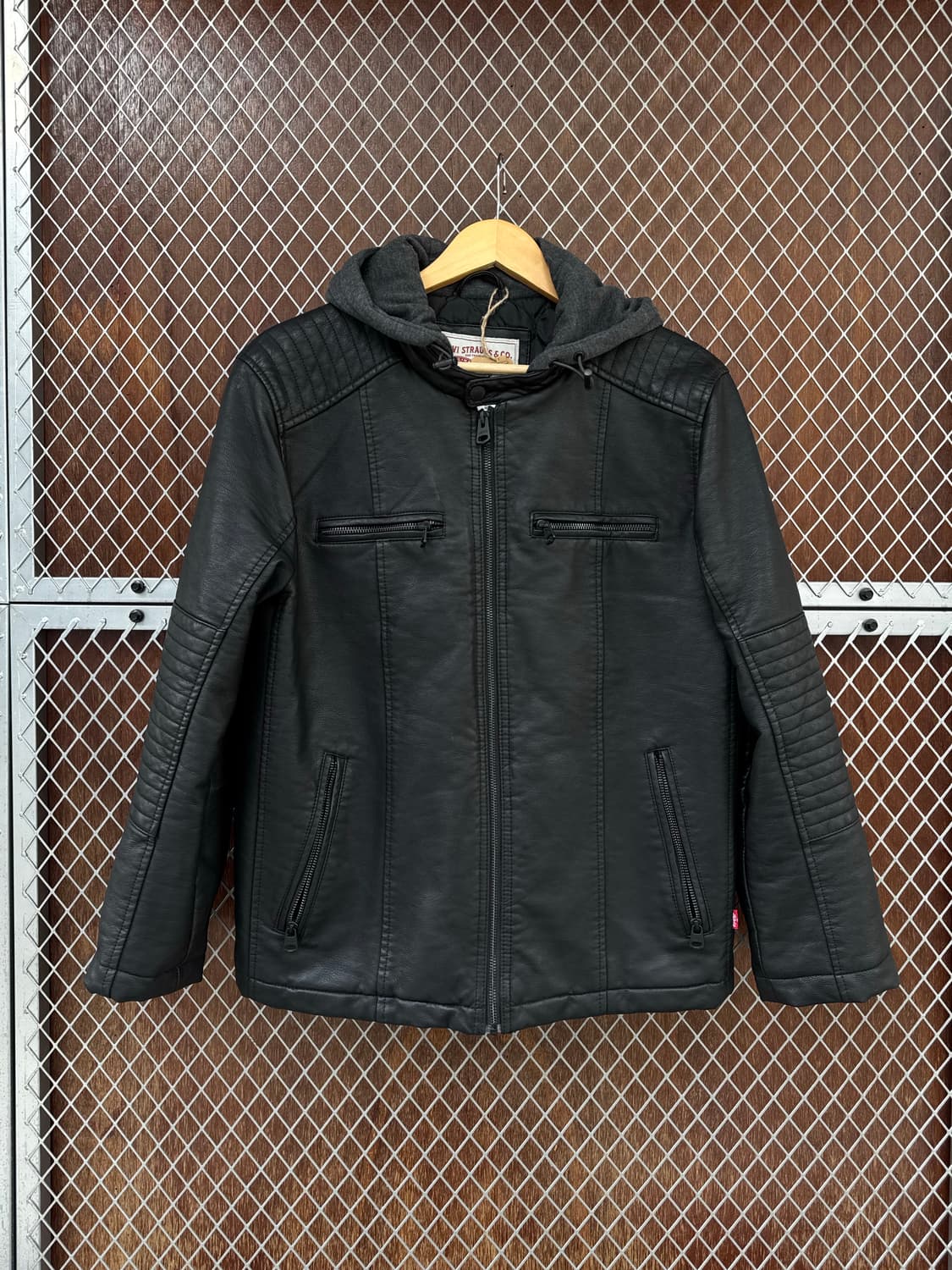 리바이스 후드 바이커 가죽 누빔 자켓 블랙 S 상품이미지1