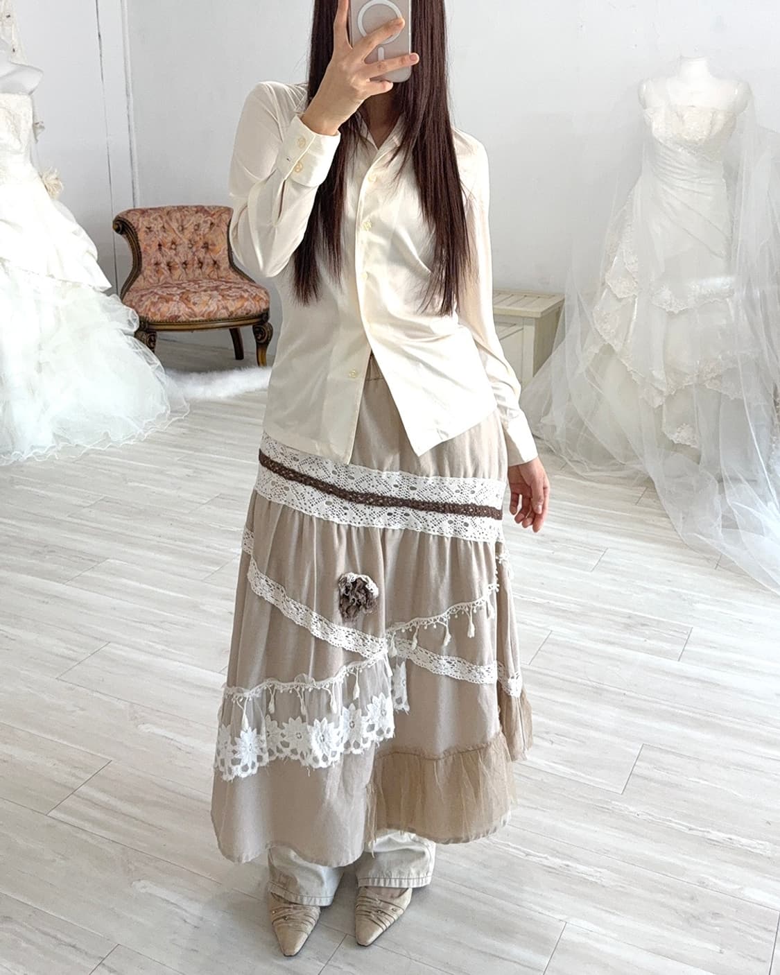 Beige lace patch-work long skirt 상품이미지3