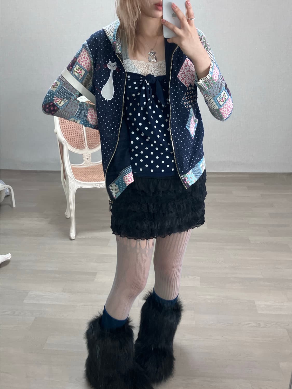 dot patchwork meow hood zip-up 상품이미지2