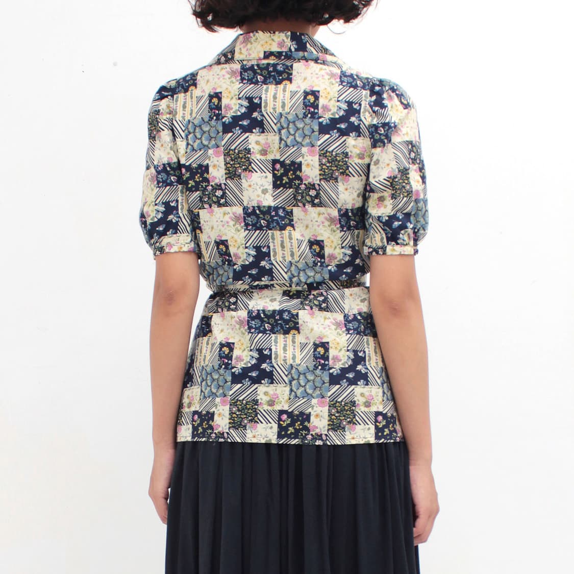유럽 빈티지 프랑스 플라워 네이비 패치워크 스트랩 코튼 블라우스 상품이미지2