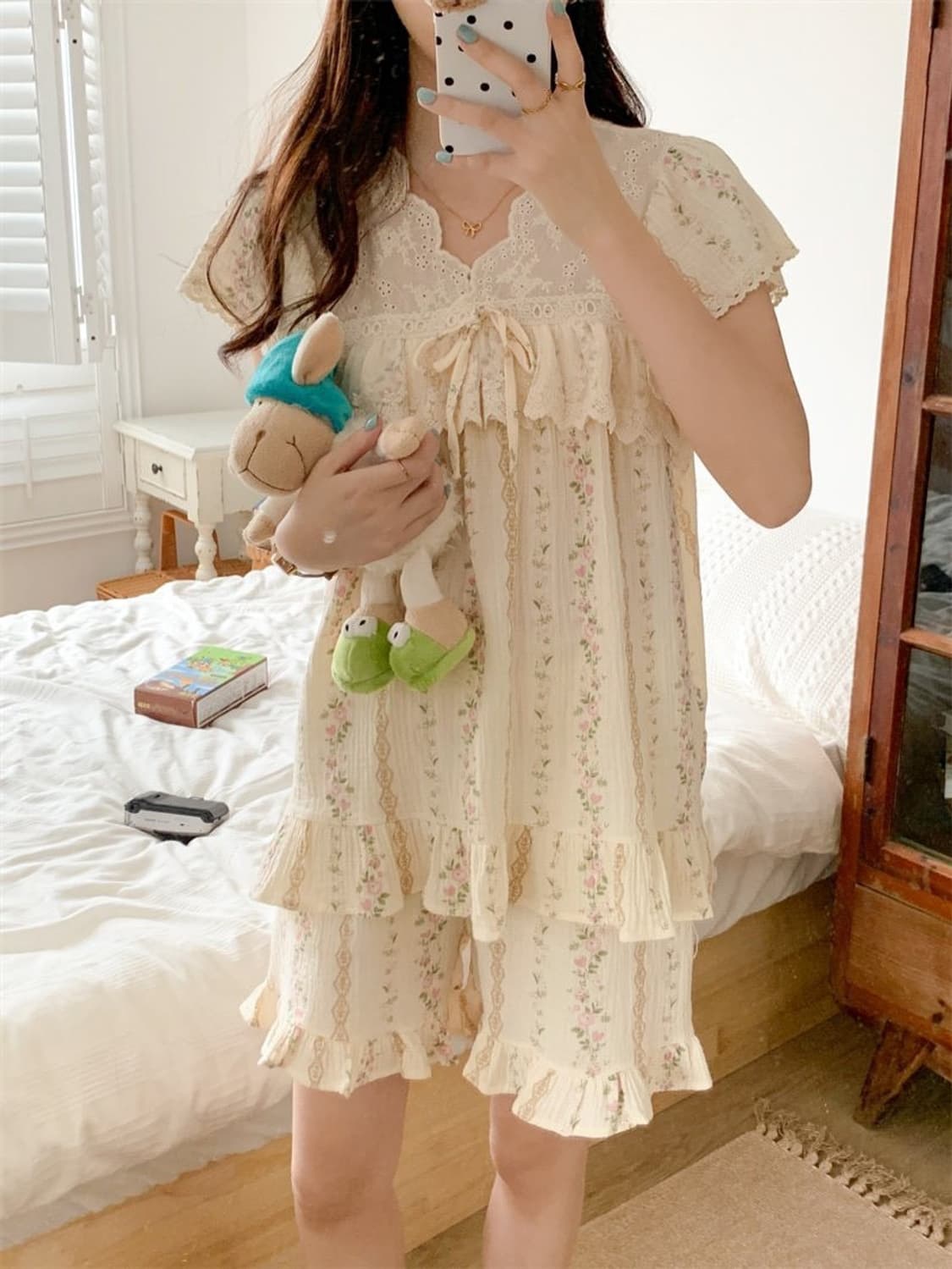 순면) 잔꽃무늬 레이스 공주 파자마 홈웨어 상품이미지2