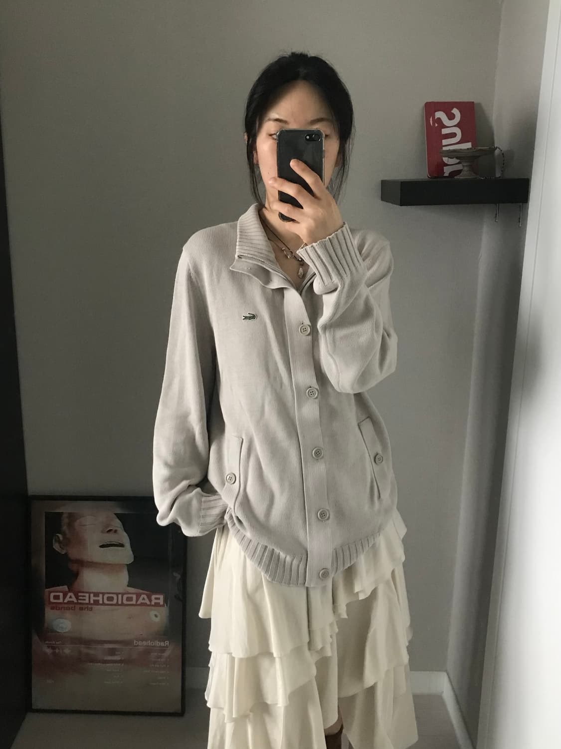 라코스테 로고 베이지 버튼 니트 집업 상품이미지4