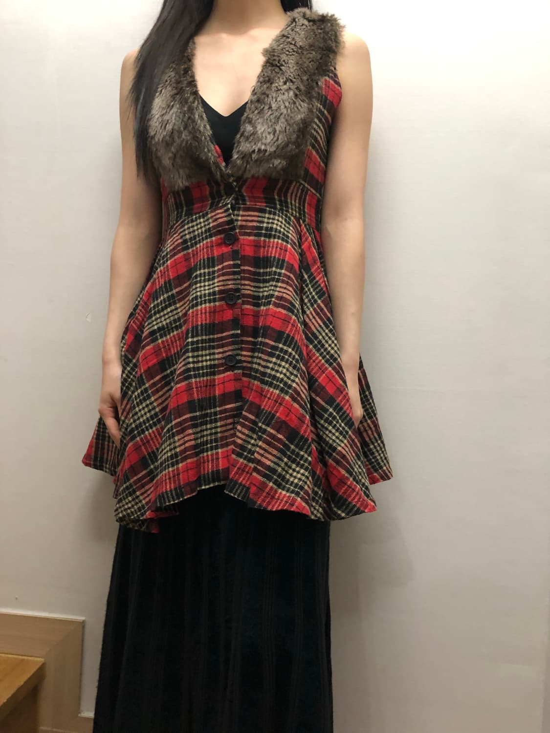 빈티지 레드 체크 퍼 원피스 상품이미지2
