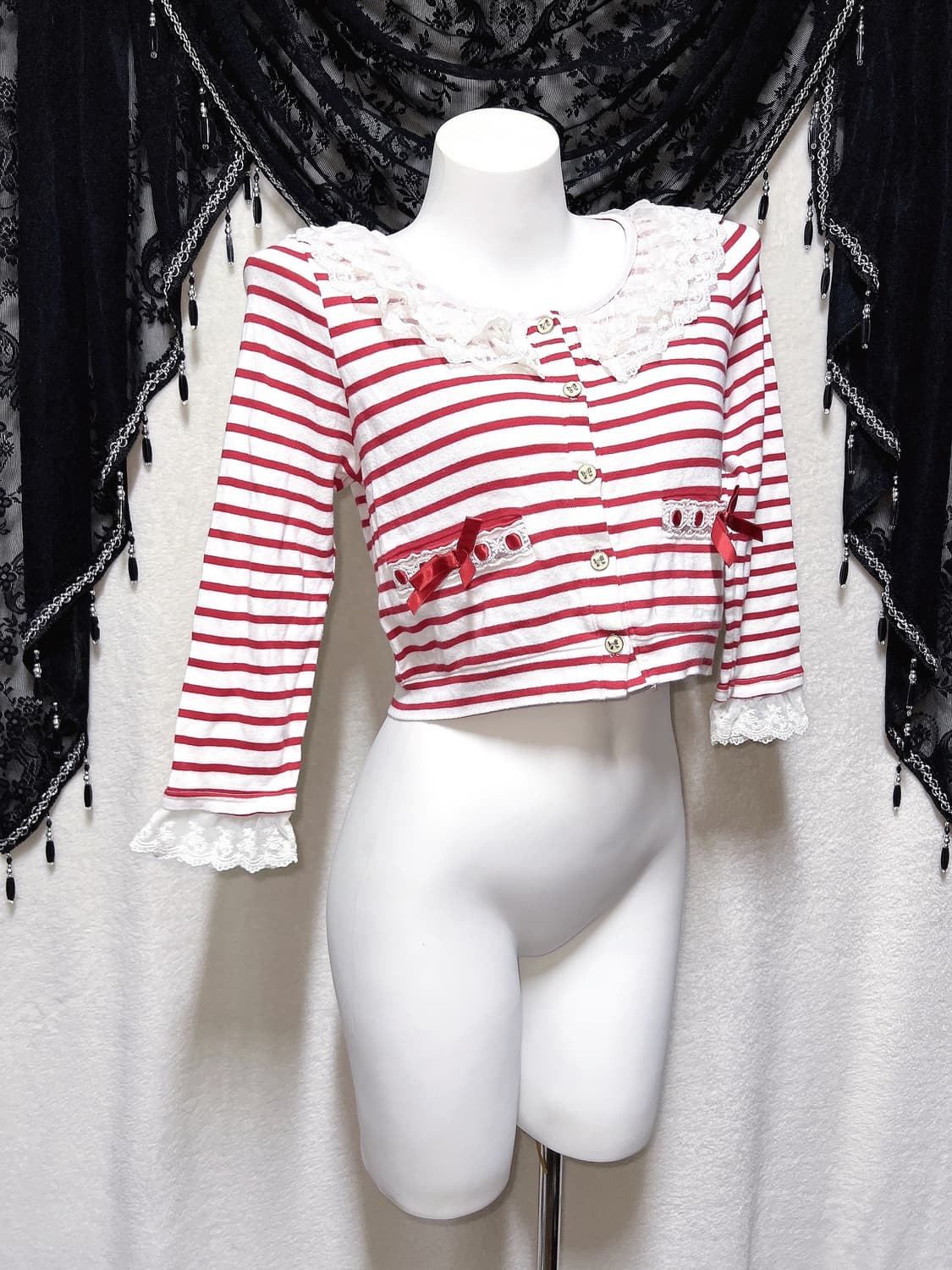 리즈리사 스트라이프 리본 프릴 레이스 가디건 러블리 히메갸루 라떼 핀터  상품이미지3