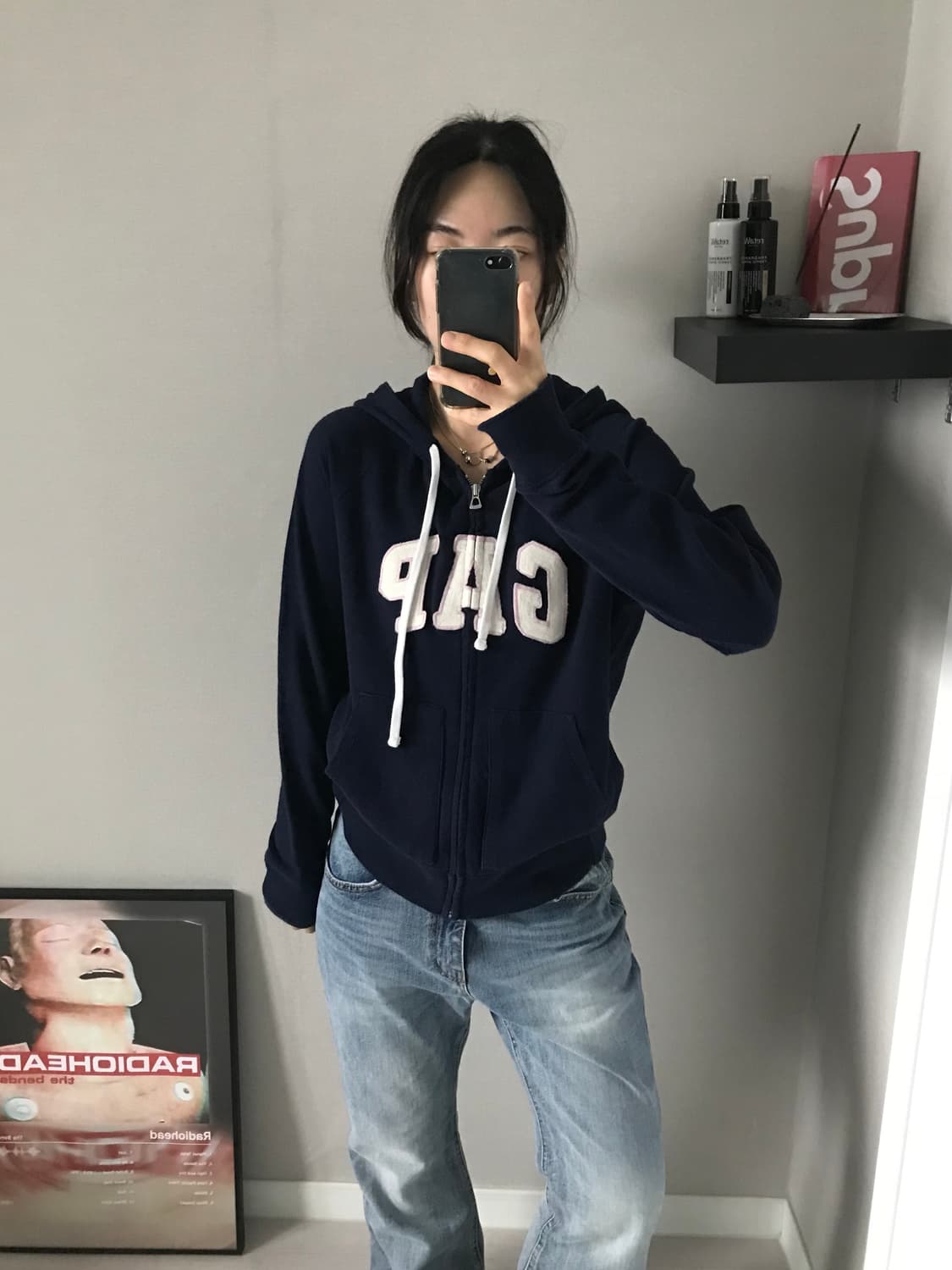 갭 GAP 중앙 자수로고 네이비 후드집업 딱붙핏 상품이미지3