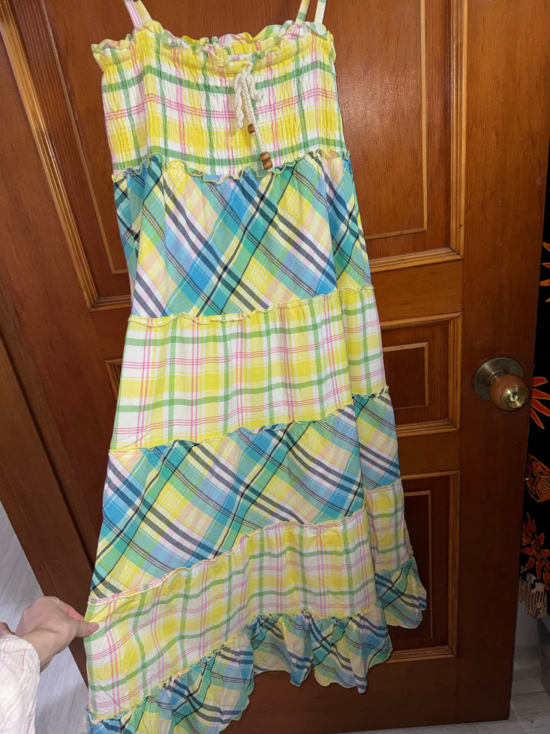 옐로우 체크 티어드 끈 원피스 상품이미지4