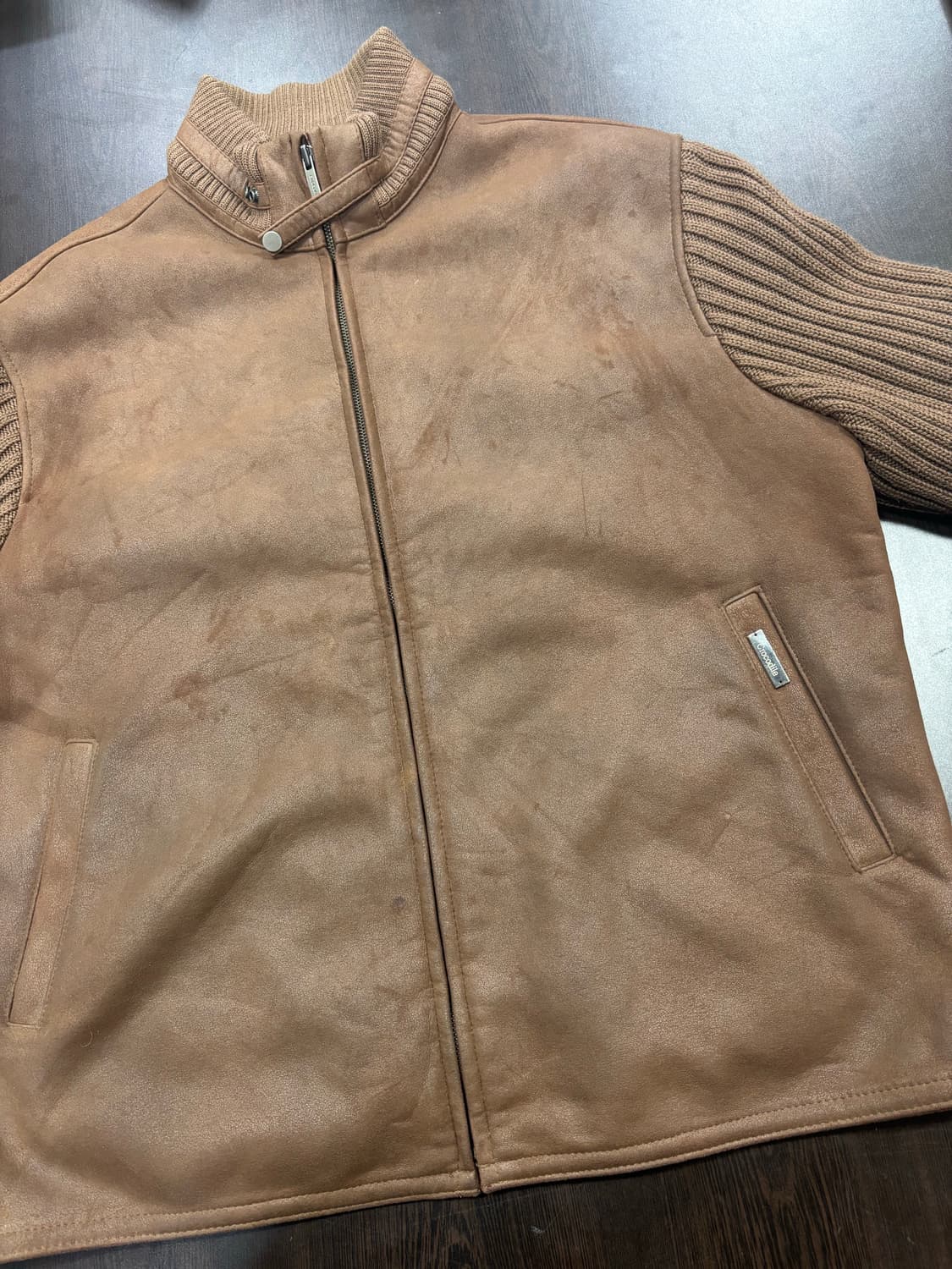 크로커다일 브라운 가죽 니트 배색 점퍼 상품이미지1