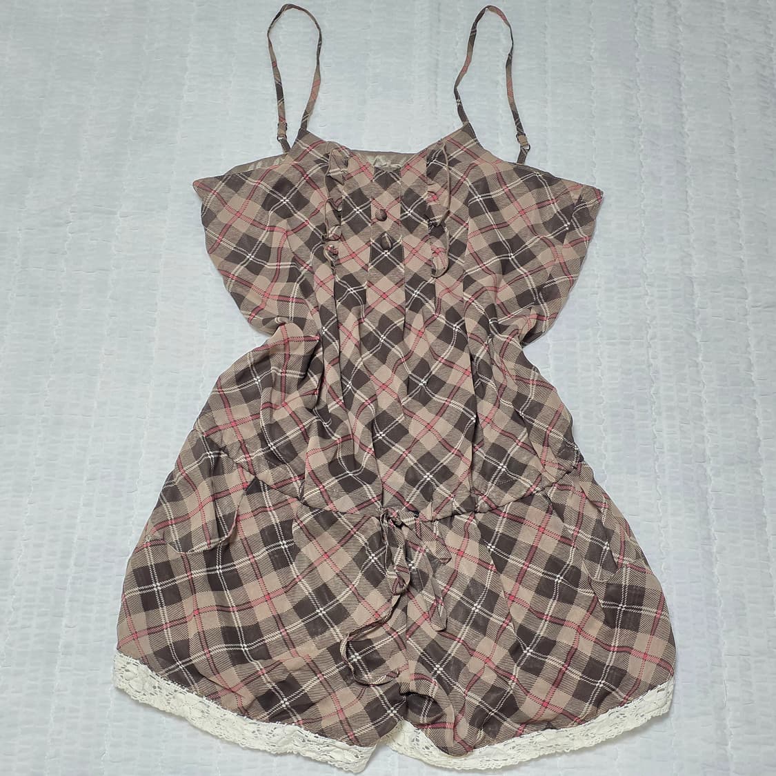 모리걸st 초코라떼갸루 체크레이스 브라운 롬퍼 점프슈트 상품이미지1